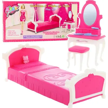 Doplněk pro panenku Ložnice pro panenky Toaletní stolek židlička postel růžová