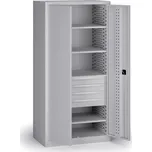 Policová dílenská skříň na nářadí KOVOS, 4 police, 4 zásuvky, perforovaná, 950 x 600 x 1950 mm, šedá 239608022