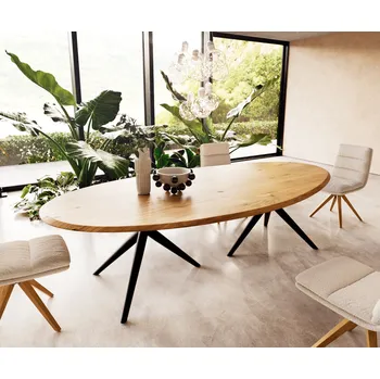 Jídelní stůl DELIFE Jídelní stůl Edge oválný 280x130x2,5 dub přírodní Estelar kulatý kov černý Flow-Edge