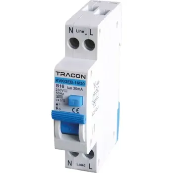 Jistič Kombinovaný proudový chránič elektron., 2P, 1 mod., char. B,B10, 100mA, 6kA, typ A, E3 (Tracon KVKGEB-10/100)