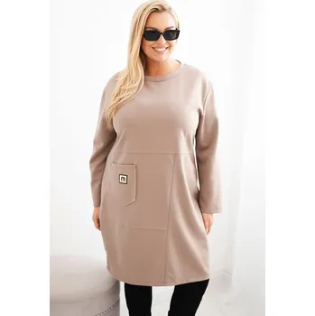 Dámské šaty Dámské šaty Plussize s kapsou a 3/4 rukávem camel Barva: Camelová, Velikost: universal