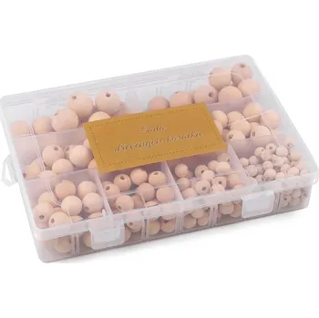 Dětské navlékací korálky Sada dřevěných korálků v boxu - přírodní sv.