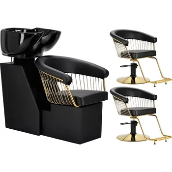 Kadeřnické křeslo Zoe Gold sada kadeřnická myčka a 2 x kadeřnické křeslo hydraulické otočné do kadeřnického salonu opěrka nohou myčka pohyblivá keramická mísa armatura baterie sprcha 1-ZF-012003