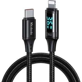 Mcdodo – datový kabel (CA-1030) – USB-C na lightning, s digitálním displejem, nylonový oplet, hliníková slitina, 36W, 1,2m – černý