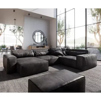 Ložnicová sestava DELIFE Pohovka ve tvaru "U" Sirpio 300x210 cm koženka vintage antracitová lenoška variabilní s taburetem