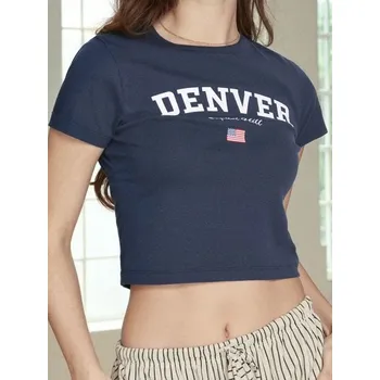 Dámské tričko Sinsay - Krátké tričko s nápisem - indigo - 447FG-57X - 447FG-57X-L