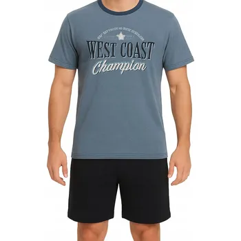 Pánské pyžamo PÁNSKÉ BAVLNĚNÉ PYŽAMO KRÁTKÝ RUKÁV MODRÉ S