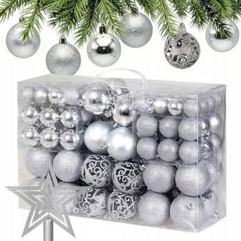 Vánoční dekorace VÁNOČNÍ BAŇKY VÁNOČNÍ OZDOBY NA STROMEČEK XXL SADA STŘÍBRNÁ 101 KS 6/4/3 CM + HVĚZDA