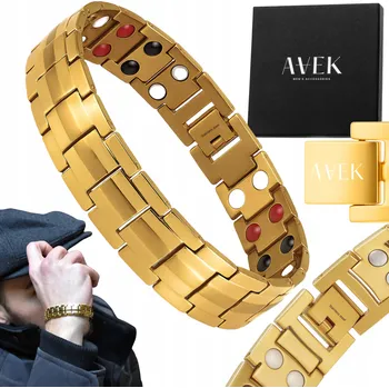 Náramek PÁNSKÝ NÁRAMEK OCELOVÝ MAGNETICKÝ ZLATÝ ZDRAVOTNÍ NÁRAMEK JAKO DÁREK 21,5 CM