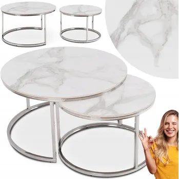 Konferenční stolek Kulatý konferenční stolek Mramor Bílý Lavička Sada 2v1 Glamour AMARA MAX