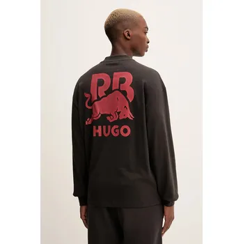 Pánské oblečení Bavlněné tričko s dlouhým rukávem HUGO Doverlo_RB 50551830 hnědá 89X, vel. S