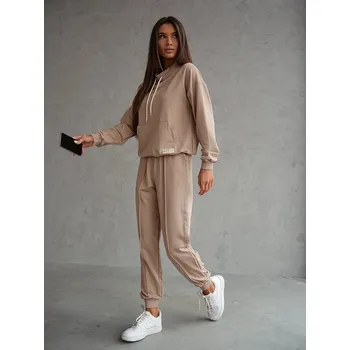 Dámská halenka Béžový dámský teplákový komplet - mikina se stojáčkem a kalhoty (82162) odstíny béžové L (40)