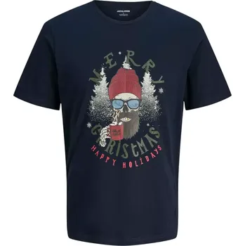 Oblečení a móda Velké pánské vánoční tričko s potiskem Jack & Jones 12285536 tmavě modré (5XL)