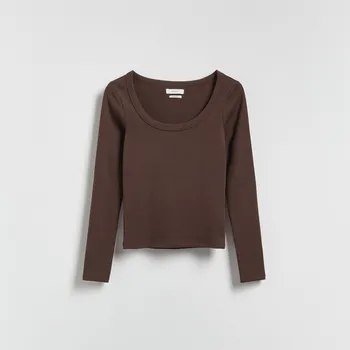 Dámské tričko Reserved - Bavlněné tričko s dlouhými rukávy - tmavě hnědá - ZQ827-89X - ZQ827-89X-M