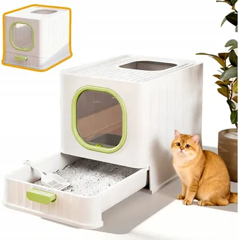 Uzavřená toaleta pro kočky, velká krytá toaleta pro kočky 51x38 cm se zásuvkou, zelená