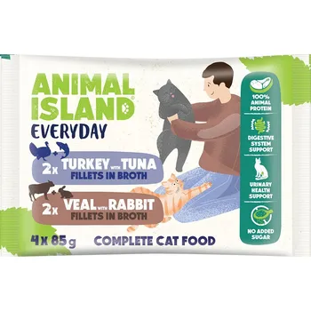Krmivo pro kočku Animal Island pro kočky Kapsičky 4 balení, 2x Telecí/Králík & 2x Krůtí/Tuňák