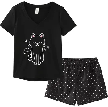 Dámské pyžamo Krásné DVOUDÍLNÉ dámské PYŽAMO s krátkým rukávem a kočkou
