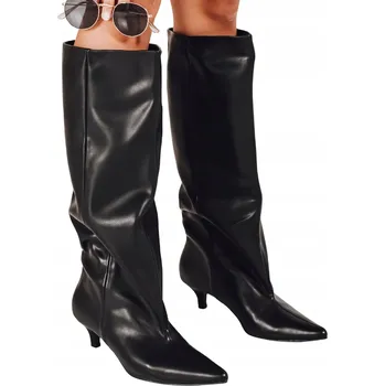 Dámské kozačky Dámské kozačky kožené špičaté nazouvací černé ZY1190 - 38