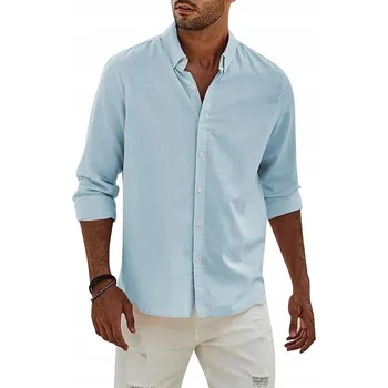 Pánská lněná košile s bavlnou, dlouhý rukáv, Elegantní, ležérní, světle modrá, XXL