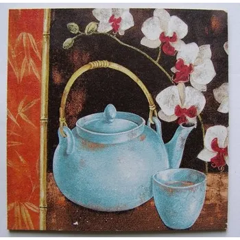 Obrázek na destičce - Čajová konvička a orchidej - 15 x 15 cm