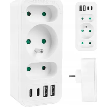 Elektrická zásuvka Rozbočovač do zásuvky na 3 zásuvky, 2x USB-A, 2x USB-C, bílý