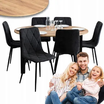 Jídelní stůl Rozkládací jídelní stůl se židlemi, čalouněný, černý, sada 6x