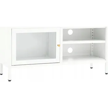 Televizní stolek Bílá TV skříňka s ocelovou konstrukcí, 90 x 30 x 44 cm, se skleněnými dvířky