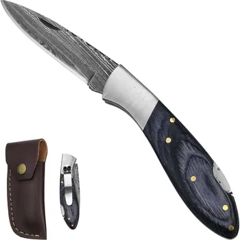 kapesní nůž PAK Zavírací damaškový nůž "NIGHTWOOD" s klipem a koženým pouzdrem