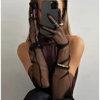 Rukavice Elegantní dámské dlouhé SÍŤOVANÉ RUKAVICE černé společenské večerní