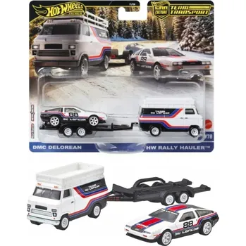 autíčko Hot Wheels 2-pack DMC Delorean a HW Rally Hauler 1:64 modrá