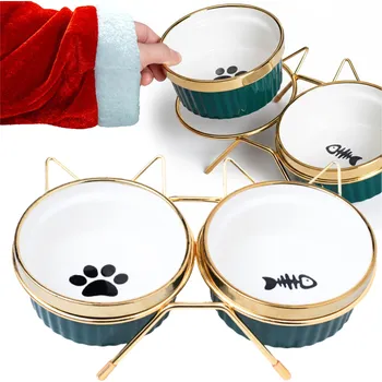 Miska pro psa Miska pro kočky psa dvojitá keramická na stojanu na krmivo 2 x 300 ml, kov