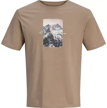 Oblečení a móda Velké pánské tričko s potiskem Jack & Jones 12292228 světle hnědé (4XL)