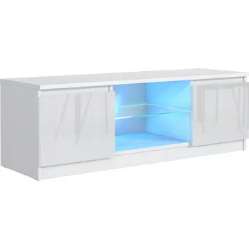 Šatní skříň ŠIROKÁ SKŘÍŇKA POD TELEVIZI 160 CM BÍLÁ, ČELNÍ STRANA VYSOKÝ LESK, SKLENĚNÁ POLICE + LED