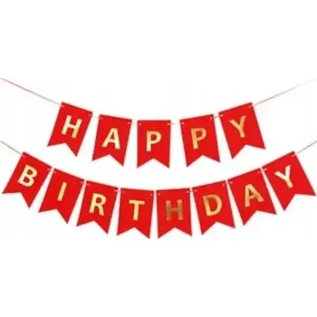 NAROZENINOVÝ BANNER ČERVENÁ GIRLANDA HAPPY BIRTHDAY ZLATÝ NÁPIS