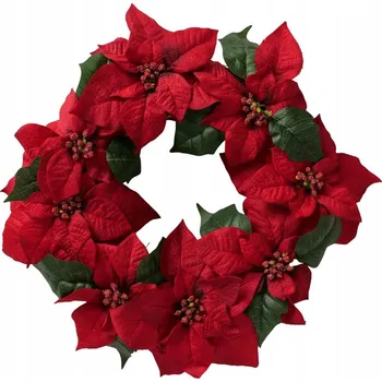 Vánoce VÁNOČNÍ VĚNEC Z KVĚTŮ HVĚZDY BETLÉMSKÉ ČERVENÝ Ø 50 CM