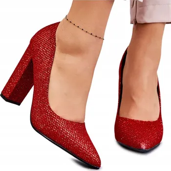 Dámské lodičky LESKLÉ LODIČKY NA SLOUPOVÉM PODPATKU VSUVNÉ ČERVENÉ 36