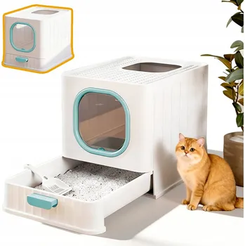 Uzavřená toaleta pro kočky, velká krytá toaleta 51 x 38 cm s zásuvkou, modrá