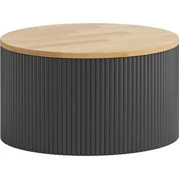 Konferenční stolek Kávový stolek s rýhovanou deskou, kulatý, přírodní dub, kovová základna černá