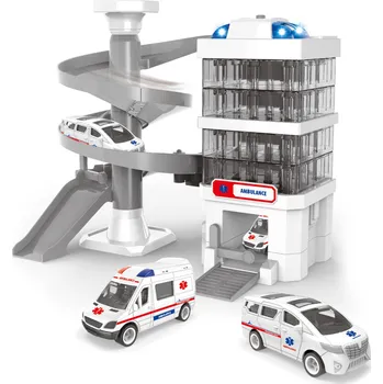 Budova nemocnice s auty a garáží se světlem a zvukem