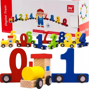 Vláček a vláčkodráha DŘEVĚNÝ VLAK VLÁČKODRÁHA VLÁČEK VAGÓNY S ČÍSLY ČÍSLICE LOKOMOTIVA VĚDA