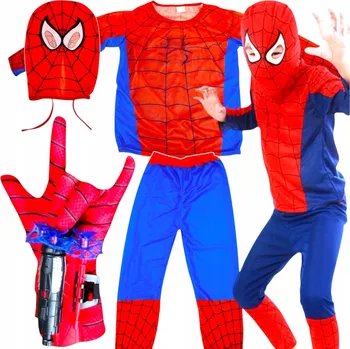 Karnevalový kostým Spiderman KOSTÝM + MASKA + RUKAVICE SÍŤKA NA VYSTŘIHÁVÁNÍ 4v1