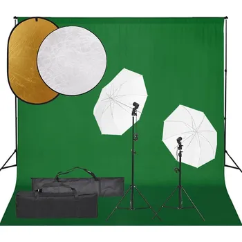 Fotopozadí vidaXL Ateliérové vybavení sada se světly, pozadím a odraznou deskou [3094658] Barva: Zelená