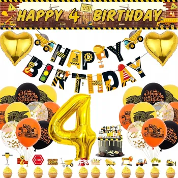 Party dekorace Sada narozeninové dekorace s bagrem Balónky Stavební stroje 4. narozeniny pro chlapce