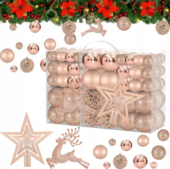 Vánoční dekorace Vánoční Baňky 102ks vánoční koule RŮŽOVÉ ZLATO, plastové vánoční ozdoby