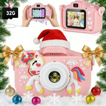 Digitální fotoaparát DĚTSKÝ DIGITÁLNÍ FOTOAPARÁT S DVĚMA OBJEKTIVY A SELFIE FUNKCÍ FULL HD JEDNOROŽEC + 32GB KARTA