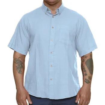 Pánská velká lněná hladká košile s krátkým rukávem Easy E1262-130 modrá (4XL)