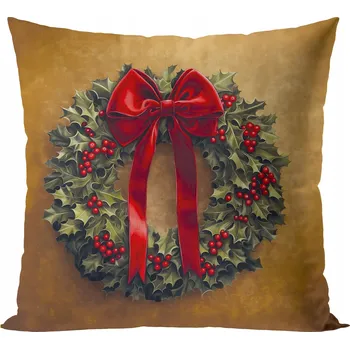 Povlak na dekorativní polštářek Dekorační sametový povlak na polštář vánoční 40x40 cm červený s mašle a věncem