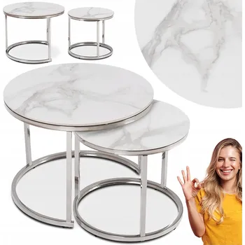 Konferenční stolek Konferenční stolek Mebel Elite kulatý mramorový bílý stříbrný 2v1 glamour