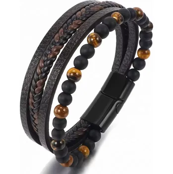 Náramek Kožený náramek hnědý pletený Tygří oko silné zapínání Magnet 21