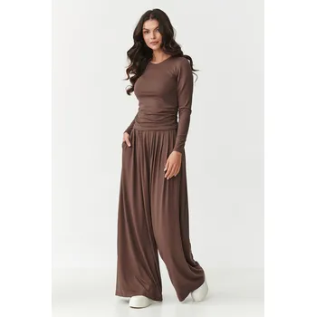 Dámská móda Viskózový set s nařasenou halenkou a širokými kalhotami M892 Barva: Čokoládová, Velikost: L